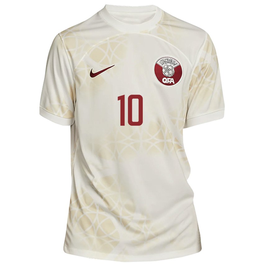 Dames Qatarees Hasan Al Haydos #10 Goud Beige Uitshirt Uittenue 22-24 T-shirt