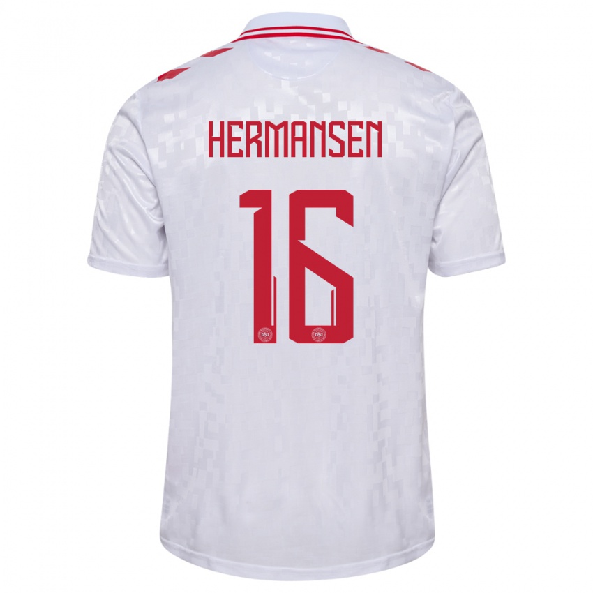 Kinderen Denemarken Mads Hermansen #16 Wit Uitshirt Uittenue 24-26 T-Shirt