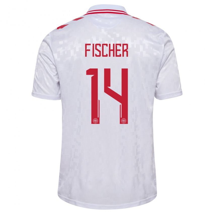 Kinderen Denemarken Mikkel Fischer #14 Wit Uitshirt Uittenue 24-26 T-Shirt