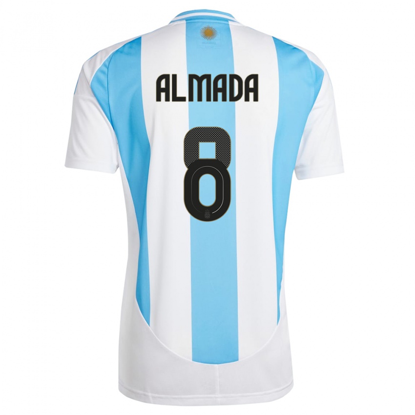 Heren Argentinië Thiago Almada #8 Wit Blauw Thuisshirt Thuistenue 24-26 T-Shirt