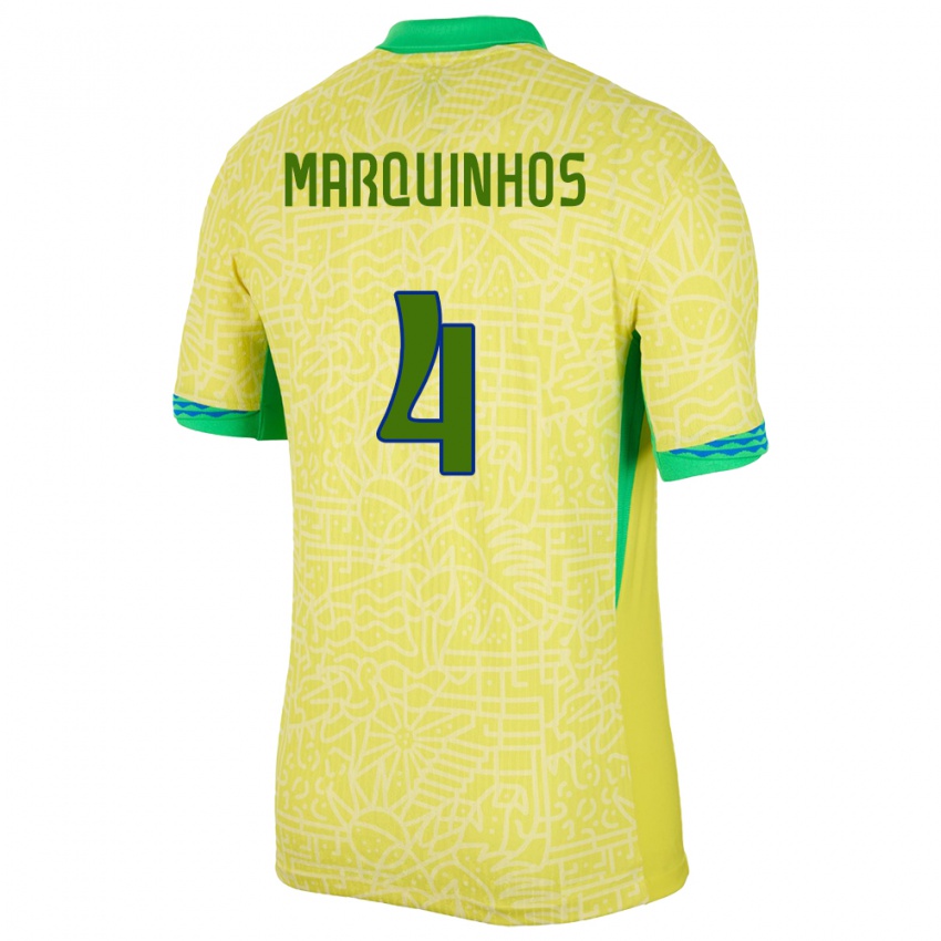 Heren Brazilië Marquinhos #4 Geel Thuisshirt Thuistenue 24-26 T-Shirt