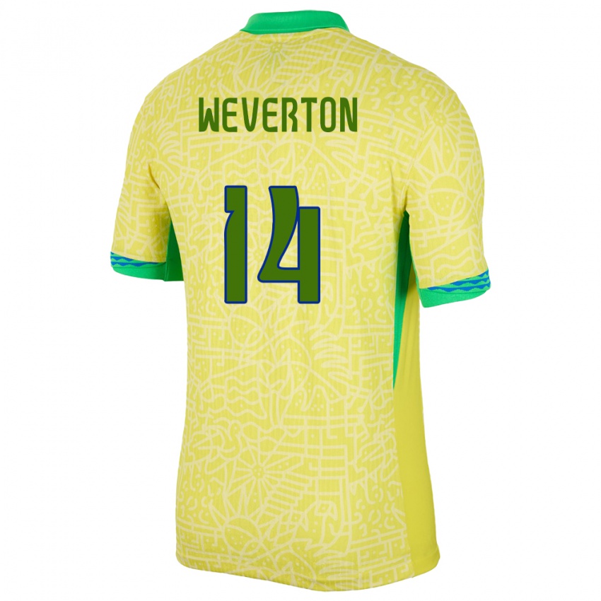 Heren Brazilië Weverton #14 Geel Thuisshirt Thuistenue 24-26 T-Shirt