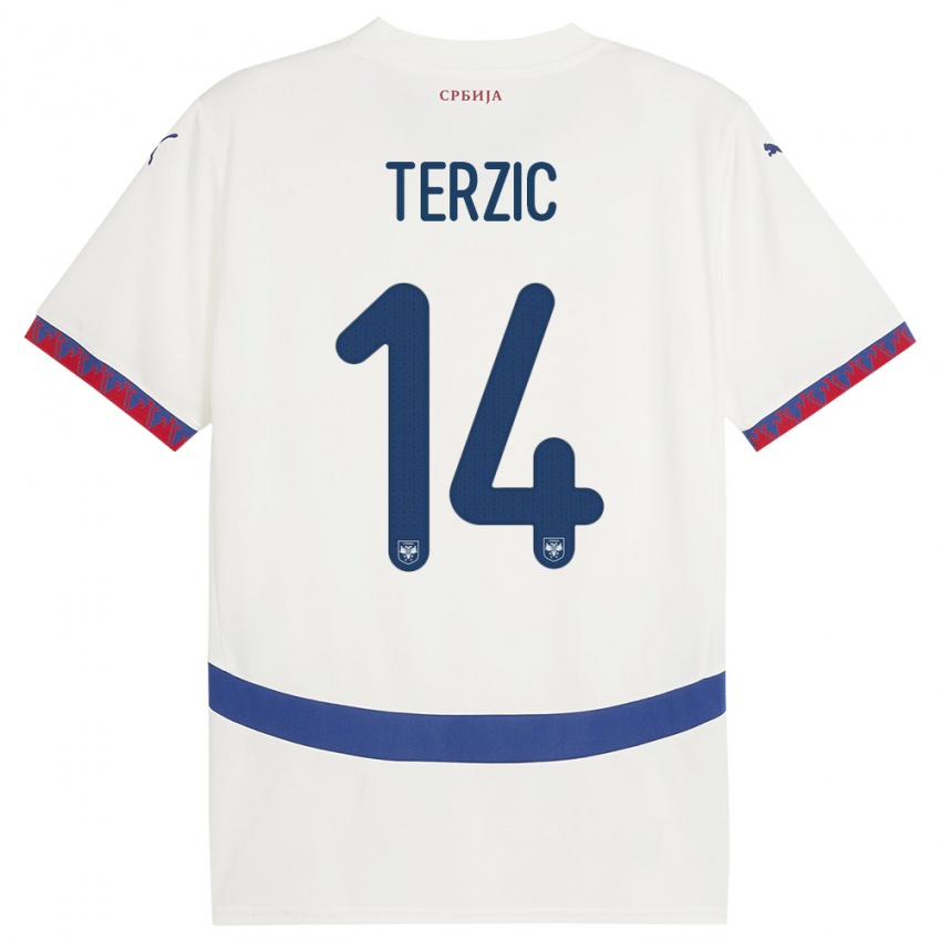 Heren Servië Aleksa Terzic #14 Wit Uitshirt Uittenue 24-26 T-Shirt