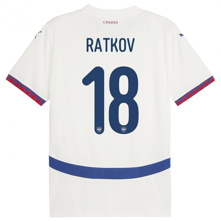 Heren Servië Petar Ratkov #18 Wit Uitshirt Uittenue 24-26 T-Shirt