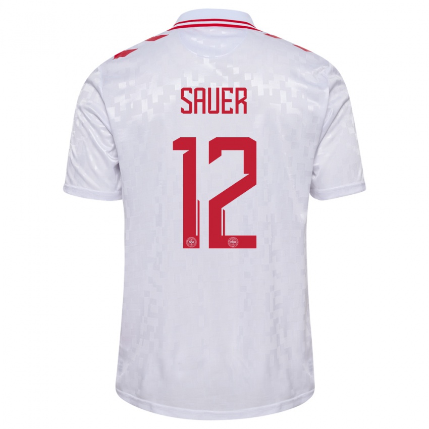 Heren Denemarken Mathias Sauer #12 Wit Uitshirt Uittenue 24-26 T-Shirt