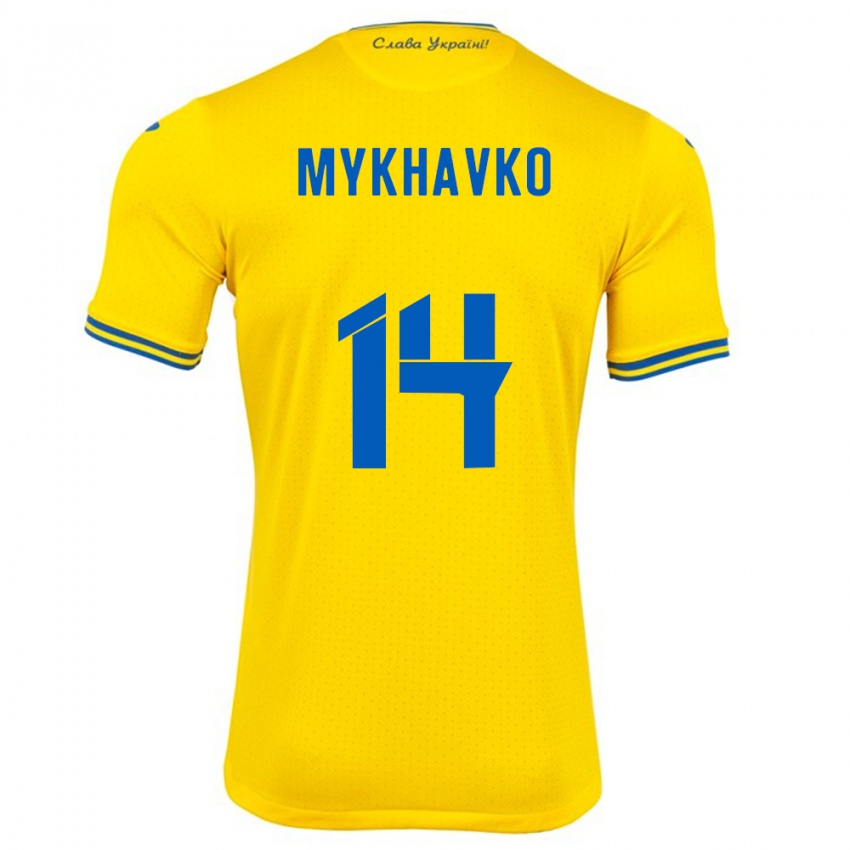 Dames Oekraïne Taras Mykhavko #14 Geel Thuisshirt Thuistenue 24-26 T-Shirt