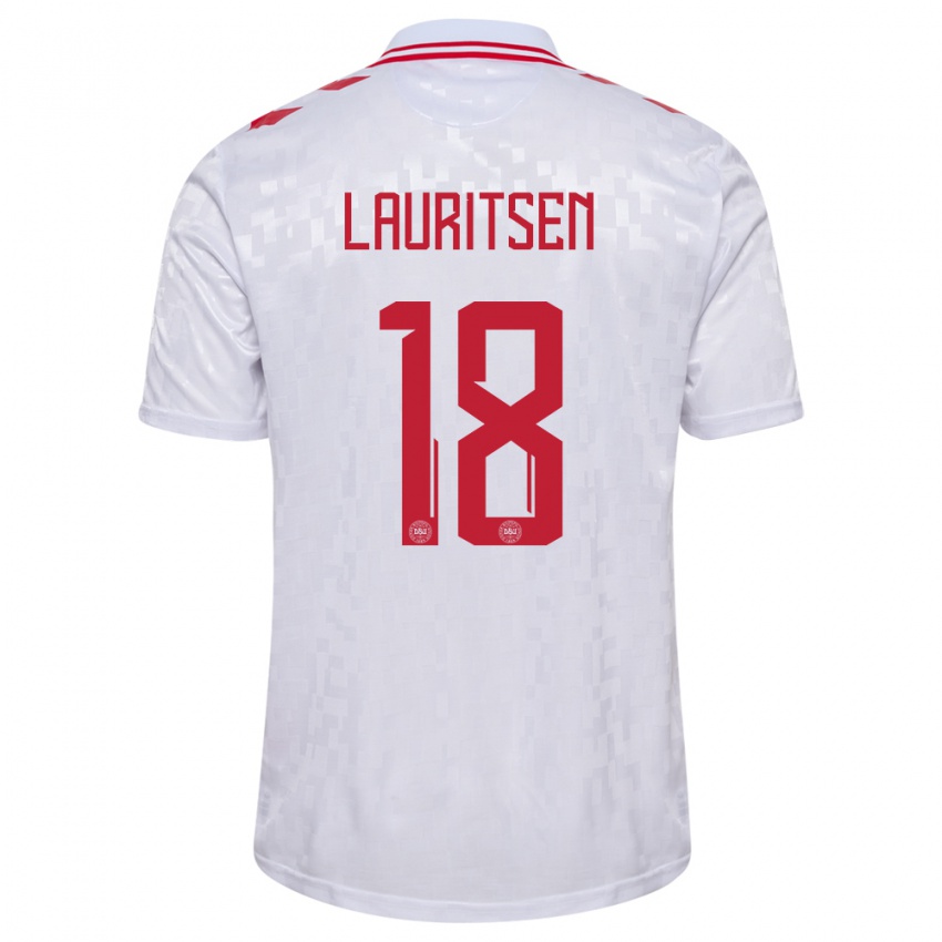 Dames Denemarken Tobias Lauritsen #18 Wit Uitshirt Uittenue 24-26 T-Shirt
