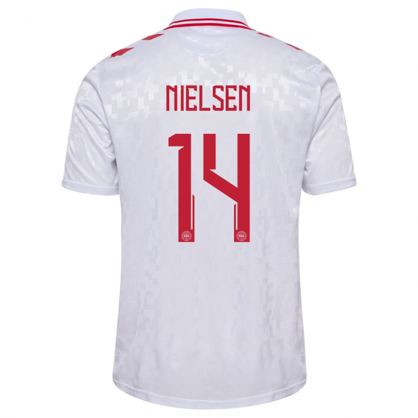 Dames Denemarken Julius Nielsen #14 Wit Uitshirt Uittenue 24-26 T-Shirt