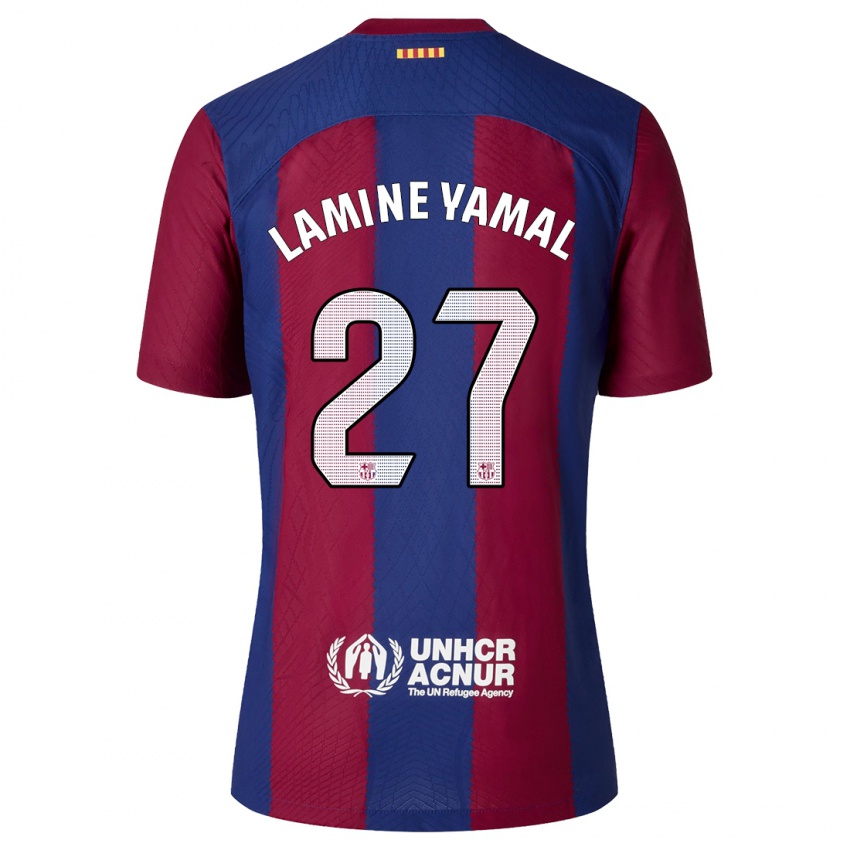 Heren Lamine Yamal #27 Rood Blauw Thuisshirt Thuistenue 2023/24 T-Shirt