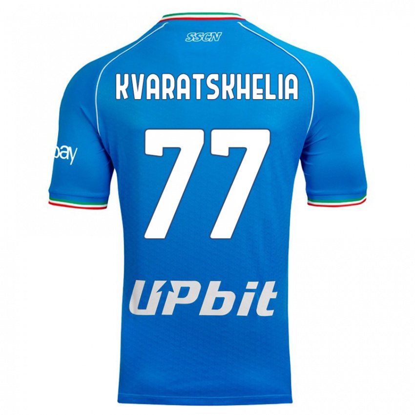 Heren Khvicha Kvaratskhelia #77 Hemelsblauw Thuisshirt Thuistenue 2023/24 T-Shirt
