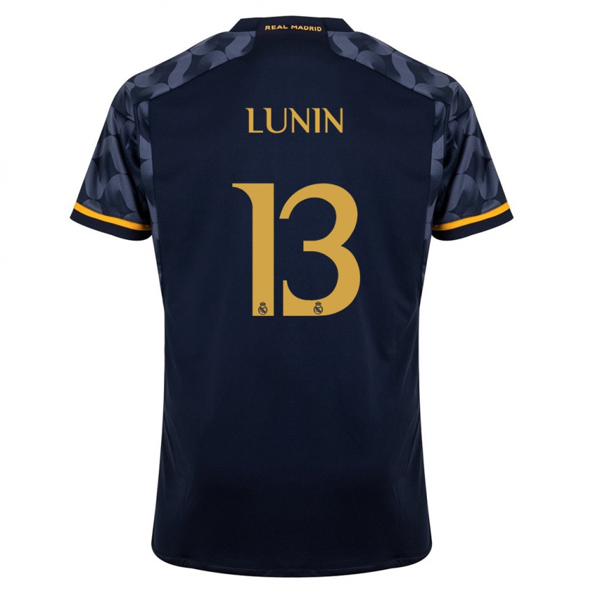 Heren Andriy Lunin #13 Donkerblauw Uitshirt Uittenue 2023/24 T-Shirt