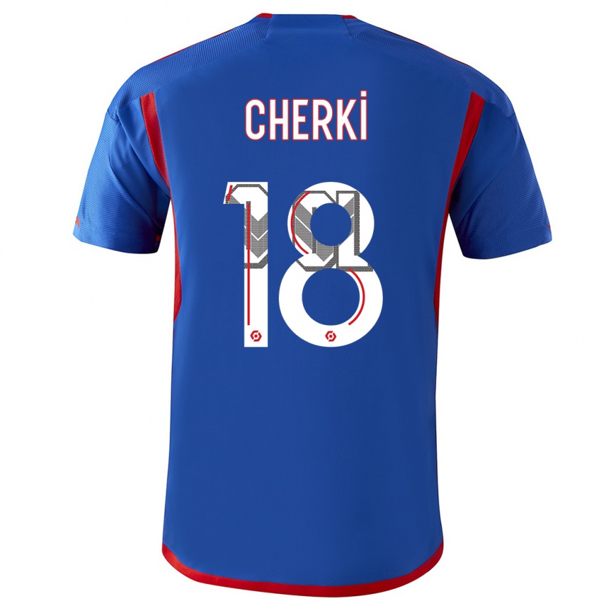 Heren Rayan Cherki #18 Blauw Rood Uitshirt Uittenue 2023/24 T-Shirt