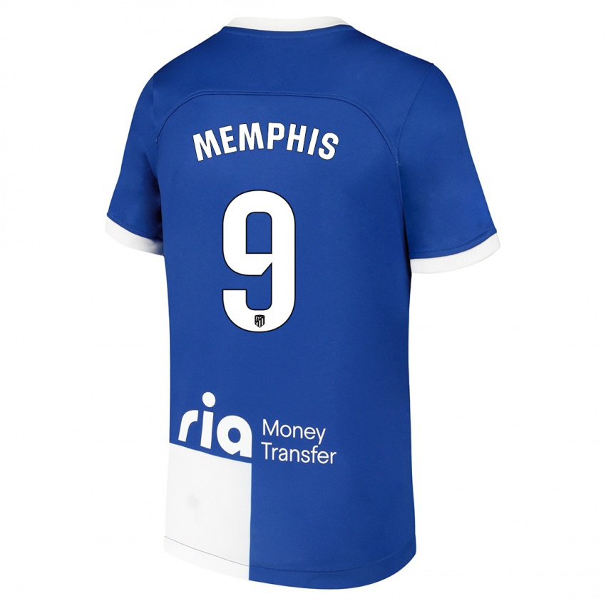 Dames Memphis Depay #9 Blauw Wit Uitshirt Uittenue 2023/24 T-Shirt