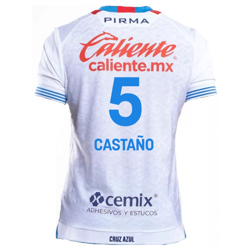 Kinderen Kevin Castaño #5 Wit Blauw Uitshirt Uittenue 2024/25 T-Shirt