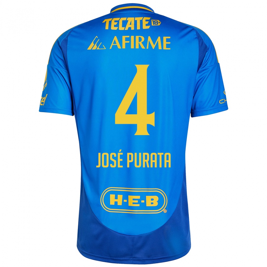 Kinderen Juan Jose Purata #4 Blauw Geel Uitshirt Uittenue 2024/25 T-Shirt