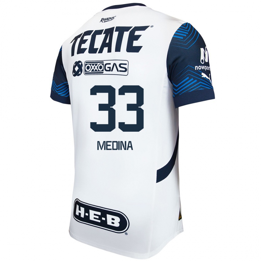 Heren Stefan Medina #33 Wit Blauw Uitshirt Uittenue 2024/25 T-Shirt