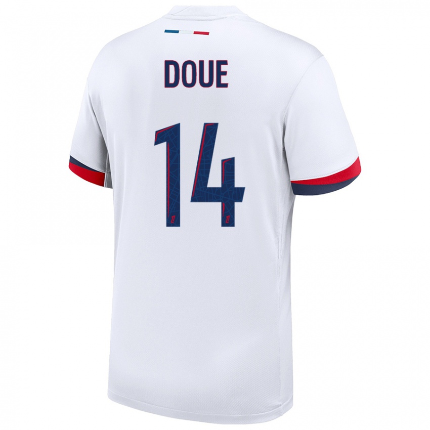 Kinderen Désiré Doué #14 Wit Blauw Rood Uitshirt Uittenue 2024/25 T-Shirt