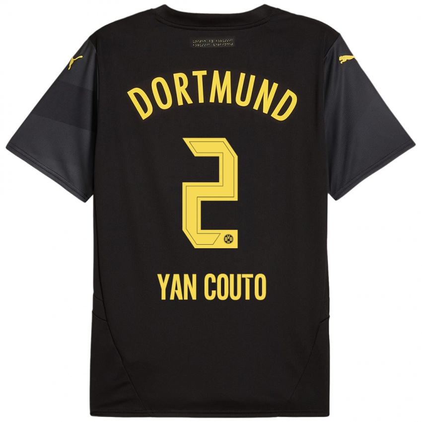 Heren Yan Couto #2 Zwart Geel Uitshirt Uittenue 2024/25 T-Shirt