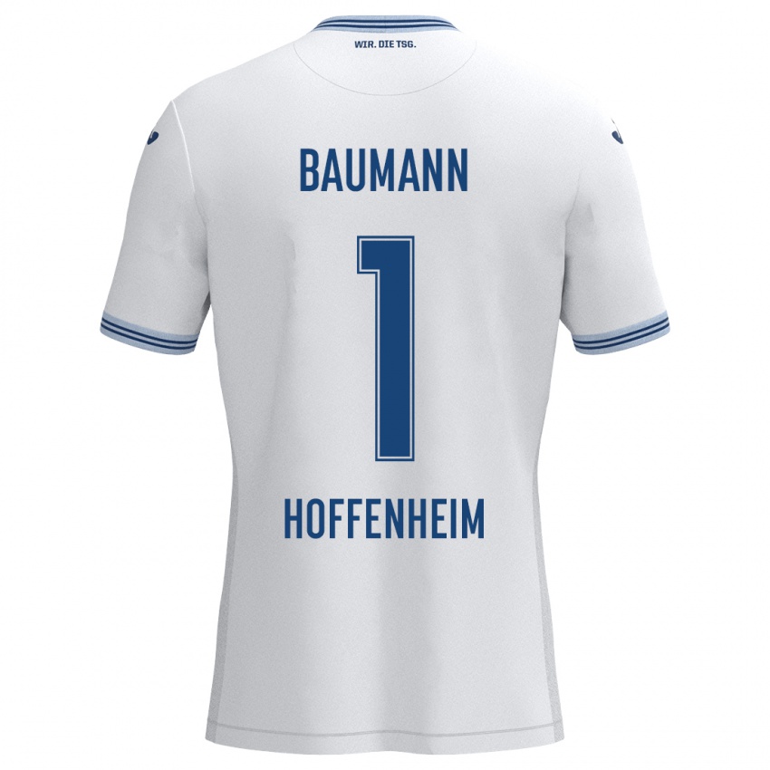 Heren Oliver Baumann #1 Wit Blauw Uitshirt Uittenue 2024/25 T-Shirt