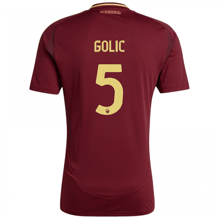 Kinderen Lovro Golic #5 Rood Bruin Goud Thuisshirt Thuistenue 2024/25 T-Shirt