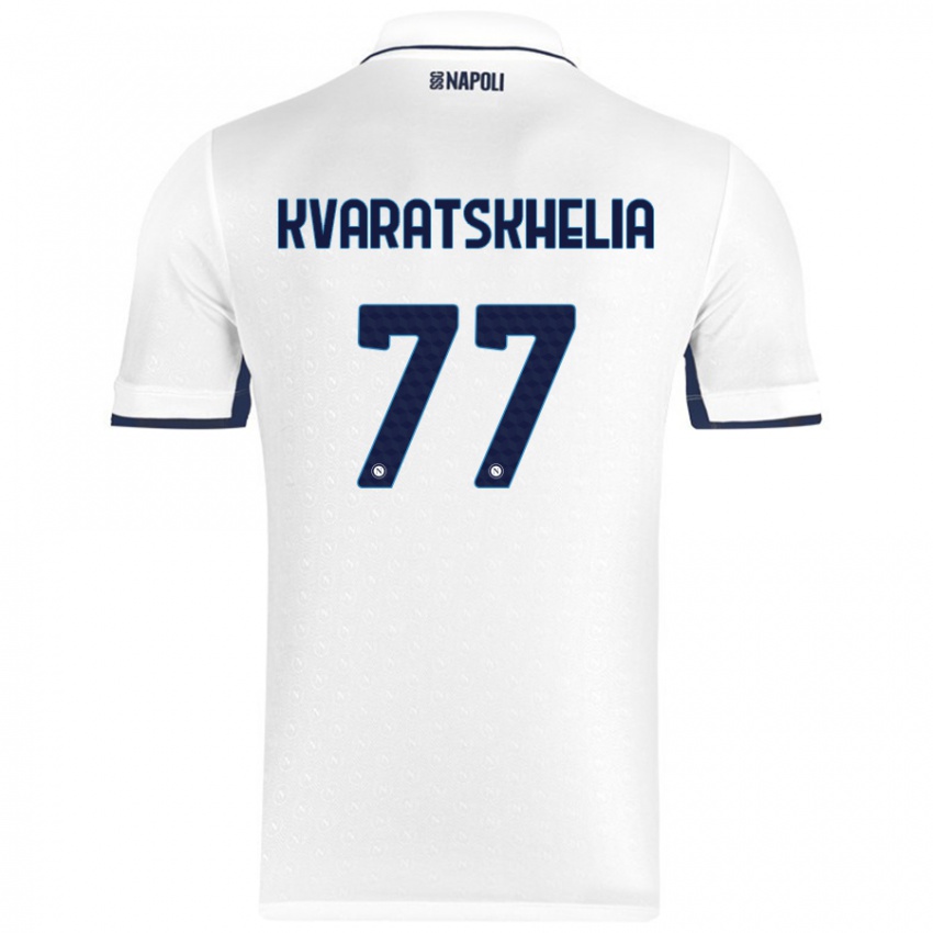 Kinderen Khvicha Kvaratskhelia #77 Wit Koningsblauw Uitshirt Uittenue 2024/25 T-Shirt