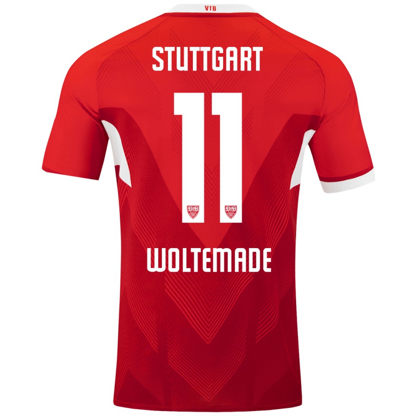 Heren Nick Woltemade #11 Rood Wit Uitshirt Uittenue 2024/25 T-Shirt