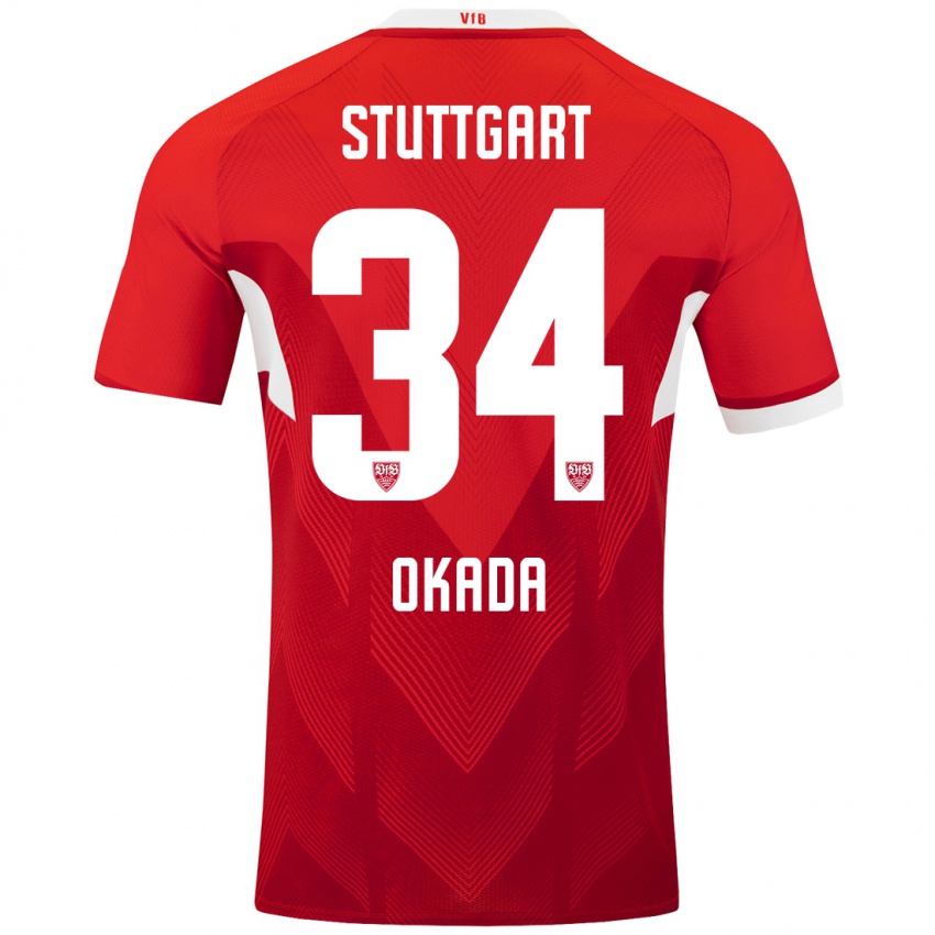 Heren Rei Okada #34 Rood Wit Uitshirt Uittenue 2024/25 T-Shirt