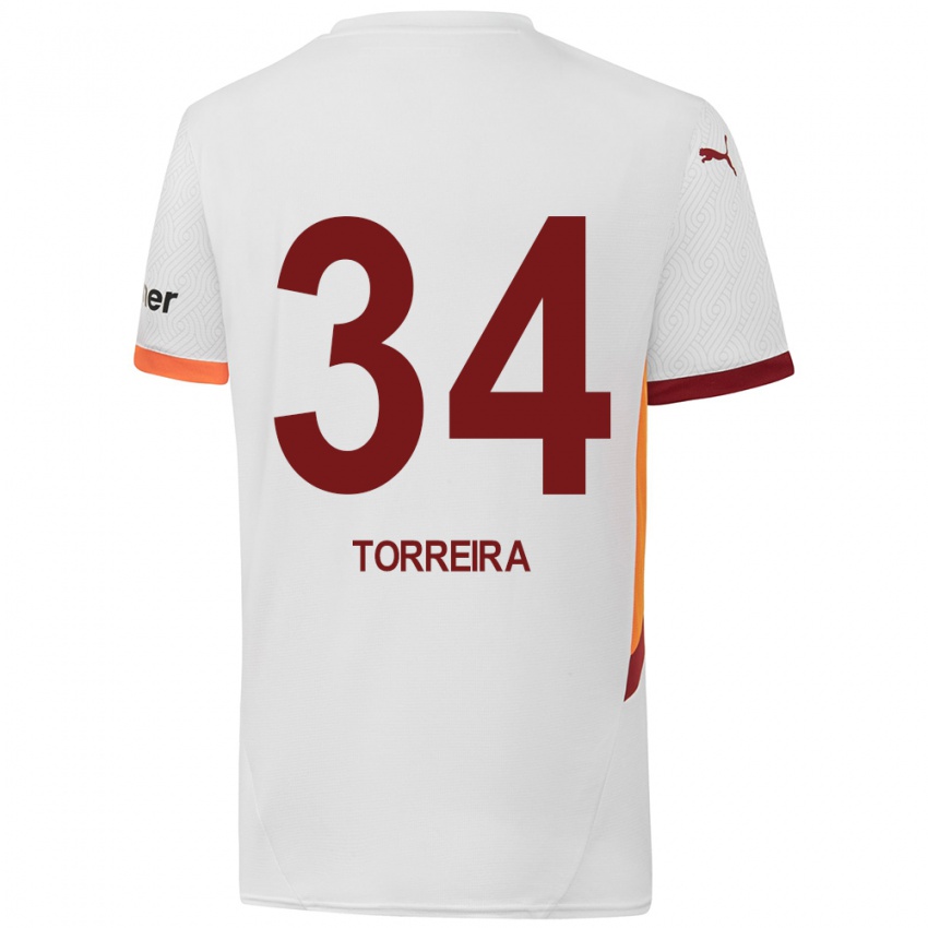 Heren Lucas Torreira #34 Wit Geel Rood Uitshirt Uittenue 2024/25 T-Shirt