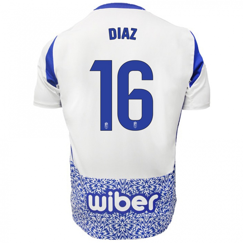 Heren Víctor Díaz #16 Wit Blauw Uitshirt Uittenue 2024/25 T-Shirt