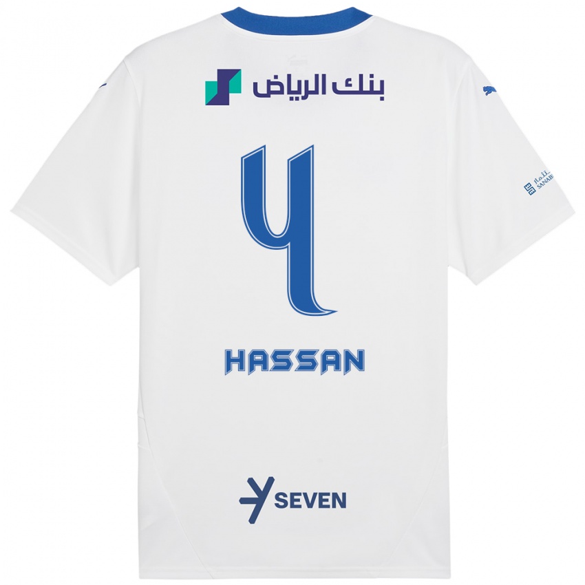 Kinderen Eman Hassan #4 Wit Blauw Uitshirt Uittenue 2024/25 T-Shirt