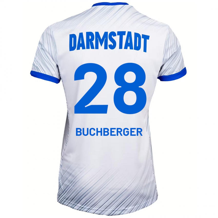 Dames Jonas Buchberger #28 Wit Blauw Uitshirt Uittenue 2024/25 T-Shirt